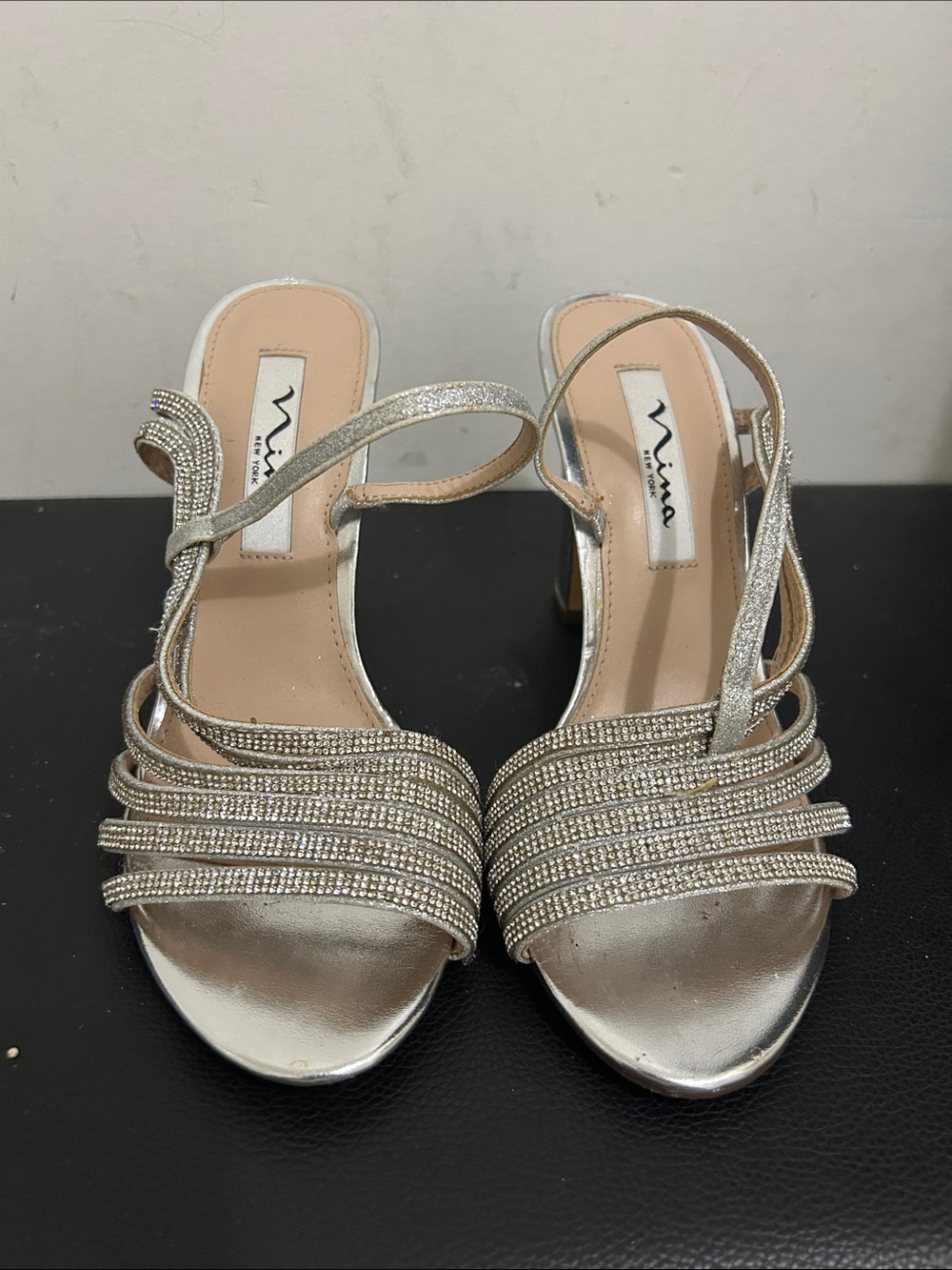 Nina Silver Rhinestone Strappy Block Heels